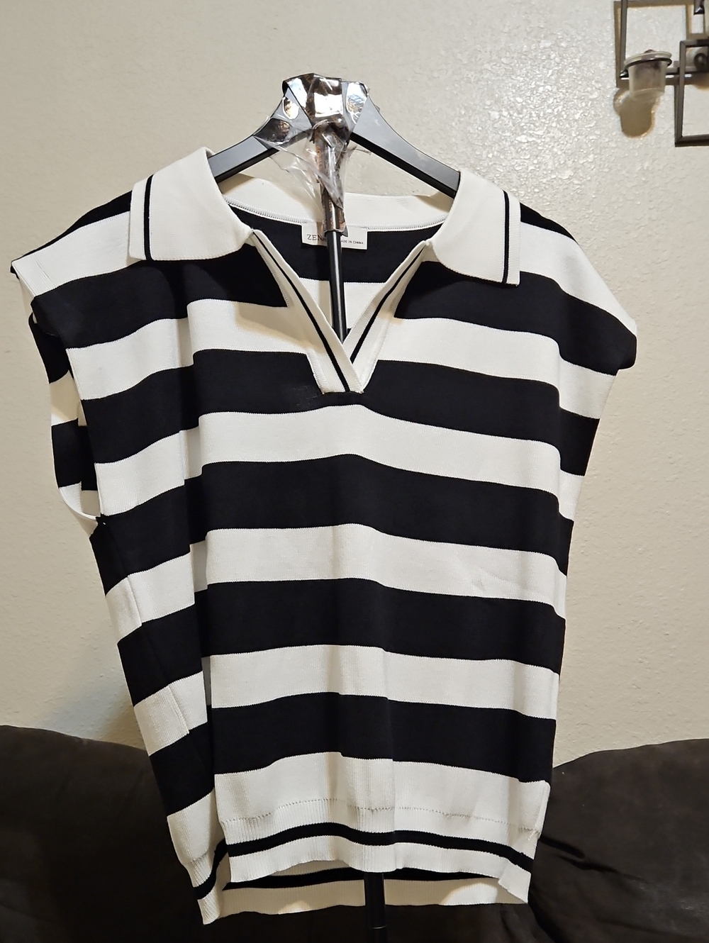 Zenana Outfitters Black and White Striped V-Neck Polo Sweater